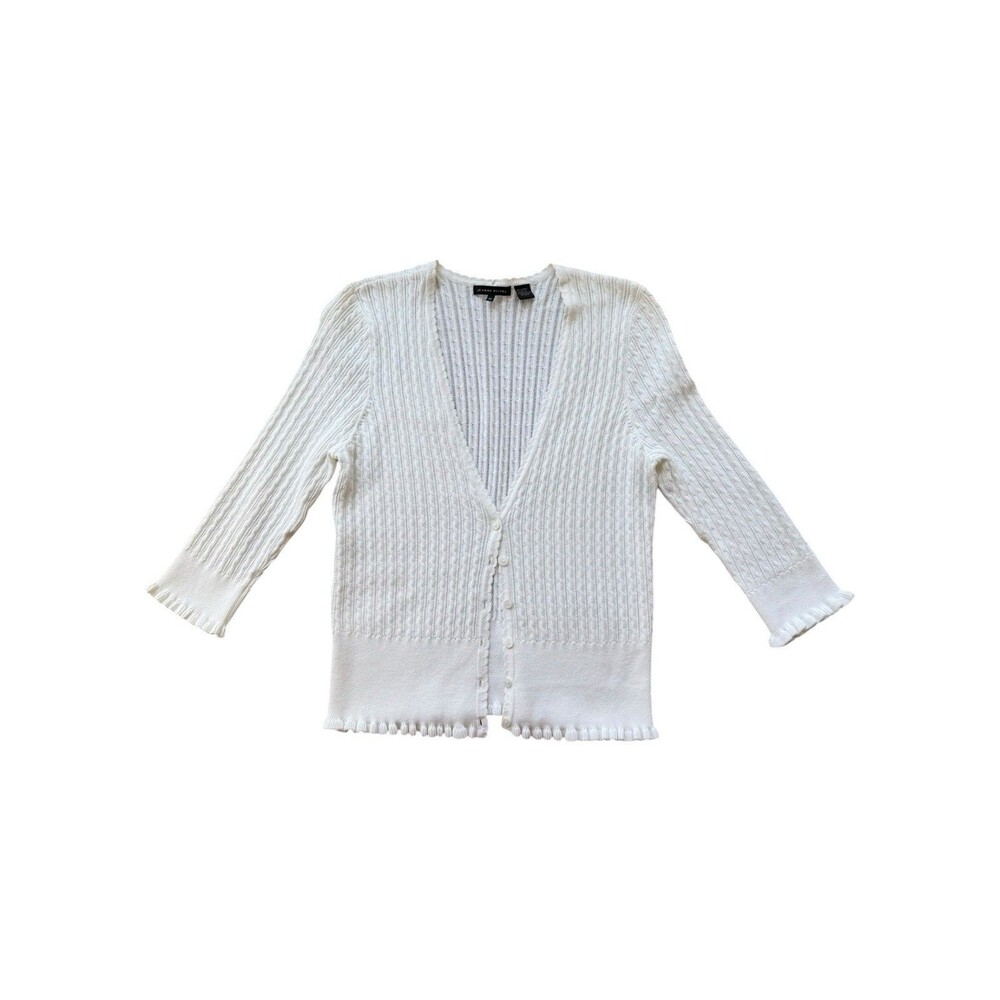 Jeanne Pierre Women's Sweater Cardigan Coquette Ivory Cotton Cottage Knit M